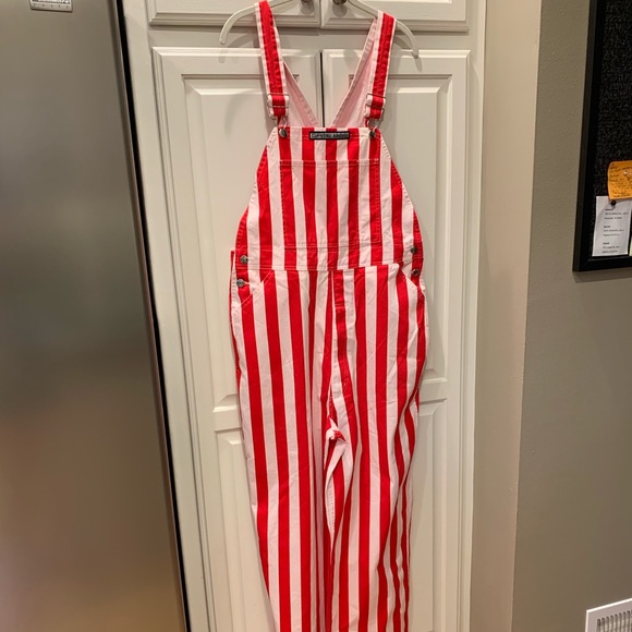 red and white bib overalls